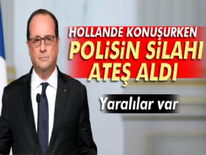 Fransa Cumhurbaşkanı Hollande konuşurken keskin nişancının silahı ateş aldı