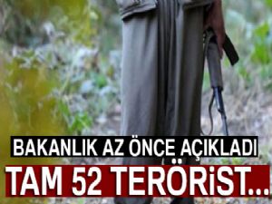 Bakanlık açıkladı: '52 terörist daha etkisiz hale getirildi'